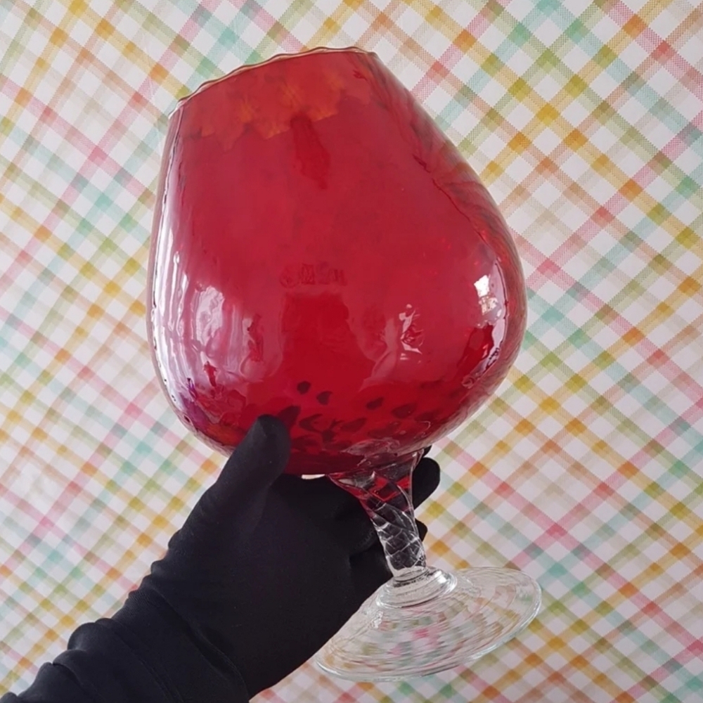 Huge Empoli Red Brandy Snifter Glass Vase Twisted Stem Pedestal Bowl